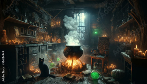 A cat is sitting in front of a cauldron with green and purple liquid in it. The room is dimly lit and has a spooky atmosphere