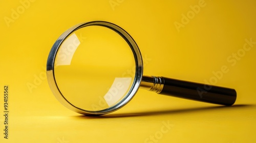 Close-up of magnifying glass on yellow background