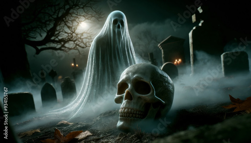 A ghost and a skull are in a graveyard. The ghost is floating in the air and the skull is on the ground. The atmosphere is eerie and spooky