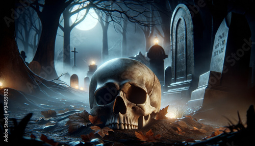 A skull is laying on the ground in front of a cemetery. The cemetery is surrounded by trees and the moon is shining brightly in the sky. Scene is eerie and spooky, as it evokes a sense of death