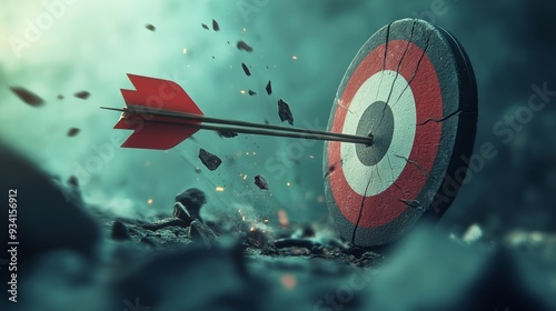 Breaking Through the Barriers, 3D rendered, red arrow, shattered target, success, achievement , goal