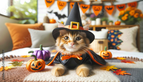 A cat wearing a black witch hat is sitting on a bed with pumpkins and leaves. The scene has a Halloween theme and the cat is the main focus