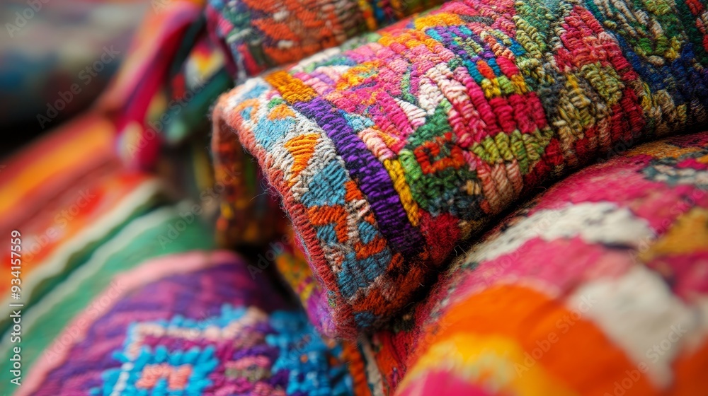 Fototapeta premium Close-up of a Stacked Colorful Woven Rugs, Texture, Detail, Pattern, Craft