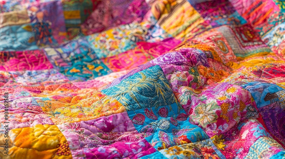 Obraz premium Close-up of a vibrant patchwork quilt, showcasing a colorful composition of floral patterns and textures.