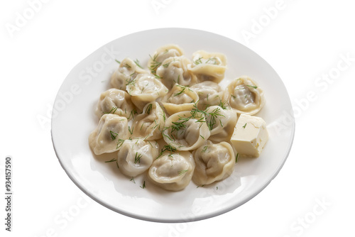 dumplings with butter on a white plate, classic Russian dumblings, Russian cuisine close up for banner