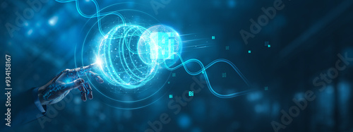 Businessman mechanical robotic hand touching BI (Business Intelligence) global network, data analysis and network connection on digital interface, decision-making technology and innovation concept.
