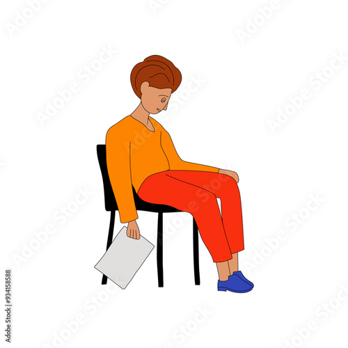 Frustrated guy sitting on chair in prostration. Bad news. Piece of paper in his hand. Expulsion, dismissal, poor grades. Man with sheet of paper. Flat vector illustration on white background