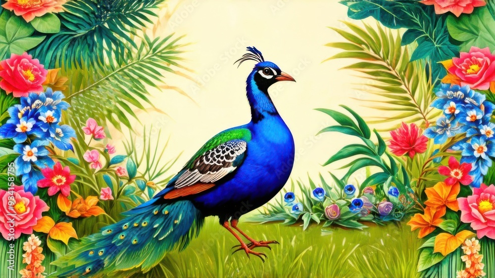 Traditional mughal garden Illustration, Mughal mural wallpaper Design, Birds, Peacock, Watercolor Background Traditional mughal garden Illustration, Mughal mural wallpaper Design, Birds, Peacock, Watercolor Background