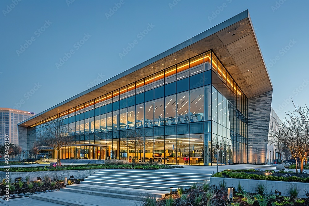 Obraz premium A large building with a glass facade and a green lawn