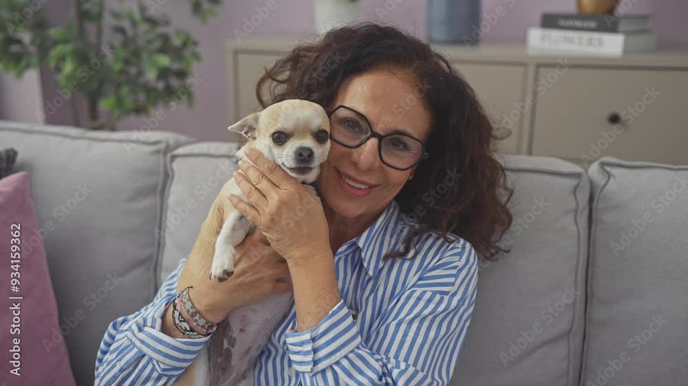 A middle-aged woman in glasses lovingly holds a chihuahua while seated on a couch in a cozy living room. A middle-aged woman in glasses lovingly holds a chihuahua while seated on a couch in a cozy living room.