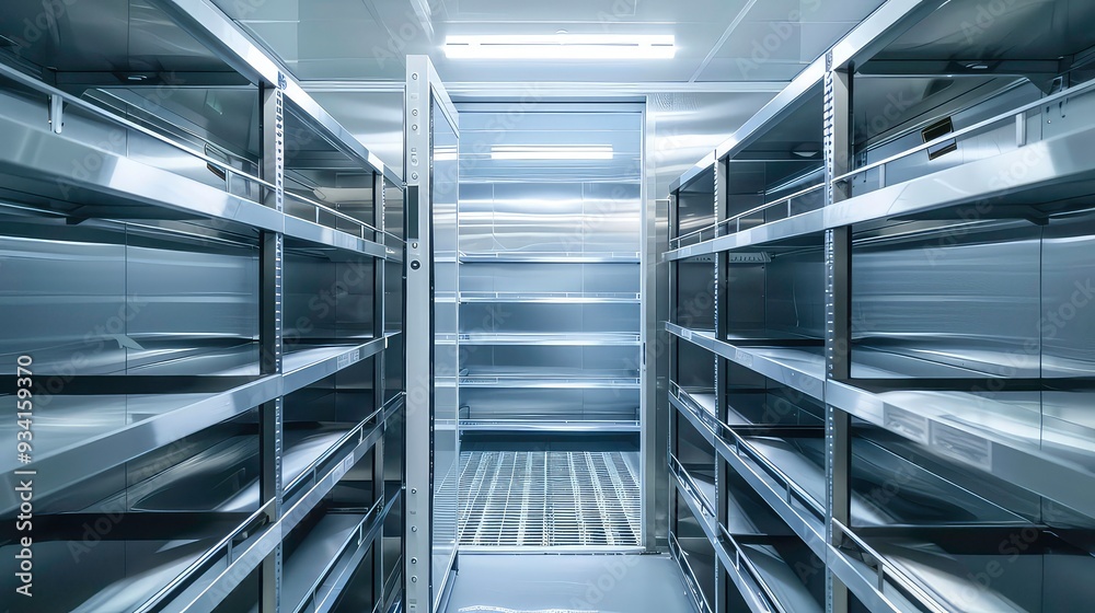 Obraz premium A long, narrow corridor lined with stainless steel shelves and a tiled floor. The shelves are empty. The walls are also stainless steel.