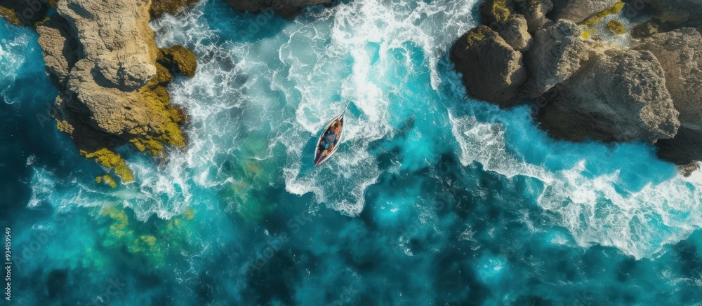 Aerial View of a Boat Navigating Turquoise Waters Aerial View of a Boat Navigating Turquoise Waters