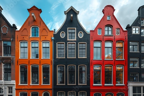 Three buildings with different colored facades, one of which is red photo