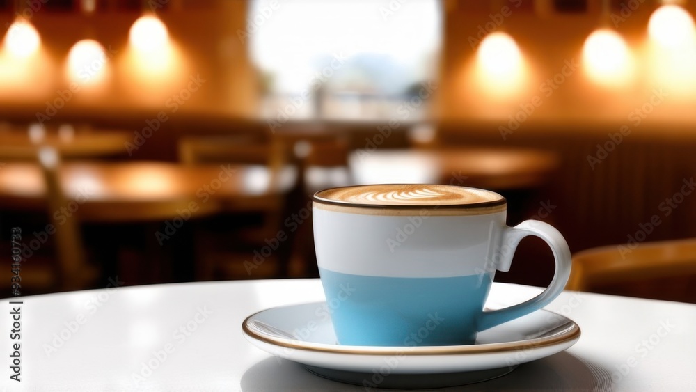 An inviting coffee cup sits on a white table with a blurred cafe background, creating a cozy and relaxing atmosphere An inviting coffee cup sits on a white table with a blurred cafe background, creating a cozy and relaxing atmosphere