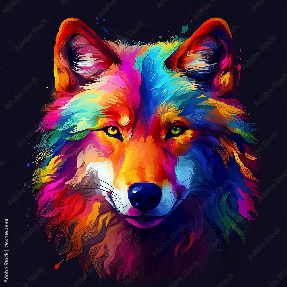 Naklejka premium Colorful wolf portrait with vibrant hues against a dark background