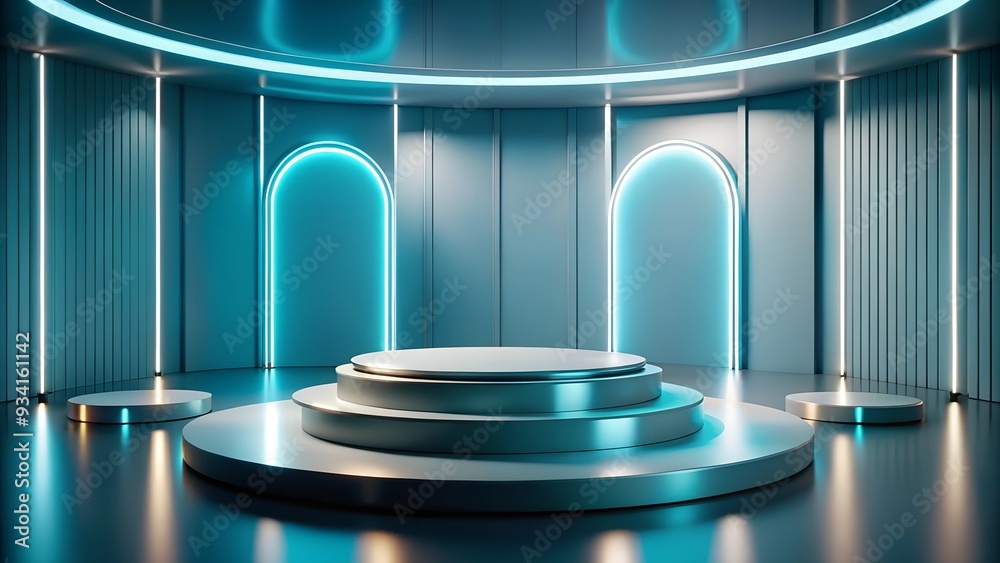 A futuristic podium with sleek blue and teal lighting, set in a modern, minimalist room. Ideal for technology product showcases or sci-fi themed presentations.