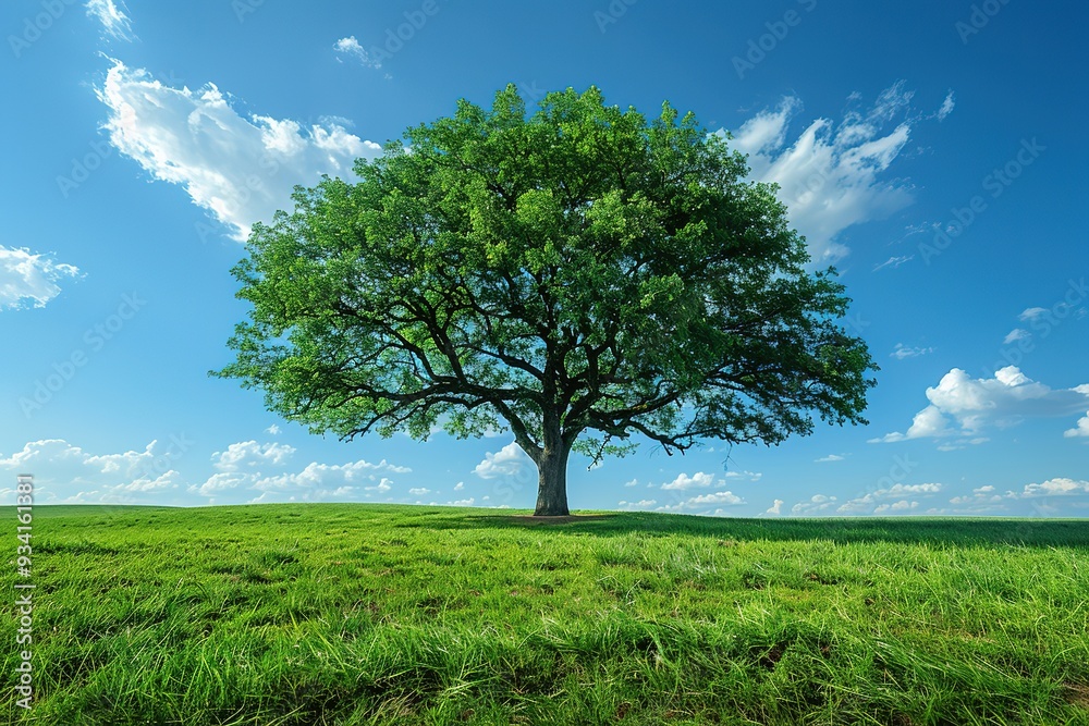 Fototapeta premium A large tree stands in a field of green grass