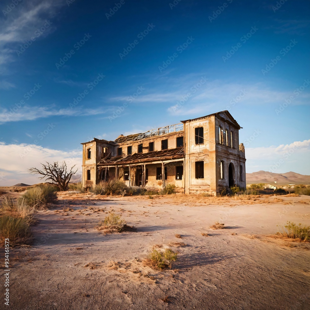 Large abandoned building is slowly being reclaimed by the desert Large abandoned building is slowly being reclaimed by the desert
