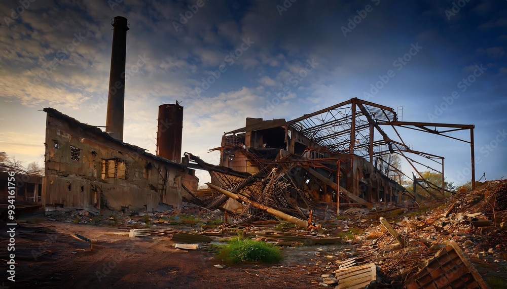 Fototapeta premium Decaying remnants of a deserted factory illuminated by the setting sun