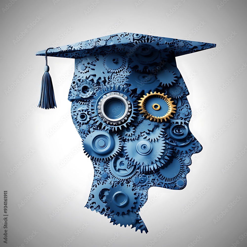 custom made wallpaper toronto digitalHuman head made of gears wearing graduation hat symbolizing education technology, combining learning with machinery, innovative academic concept
