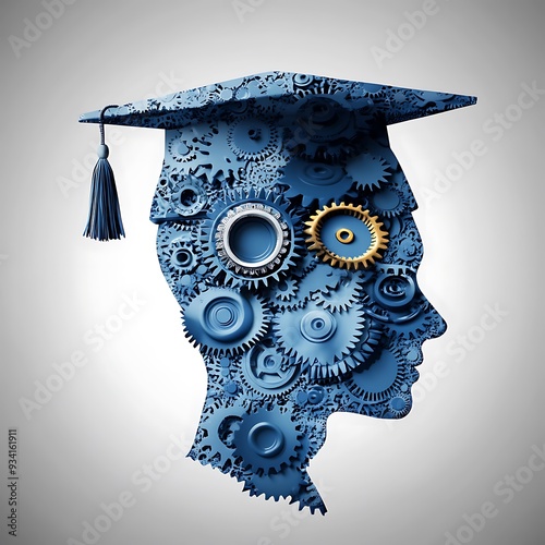 Human head made of gears wearing graduation hat symbolizing education technology, combining learning with machinery, innovative academic concept