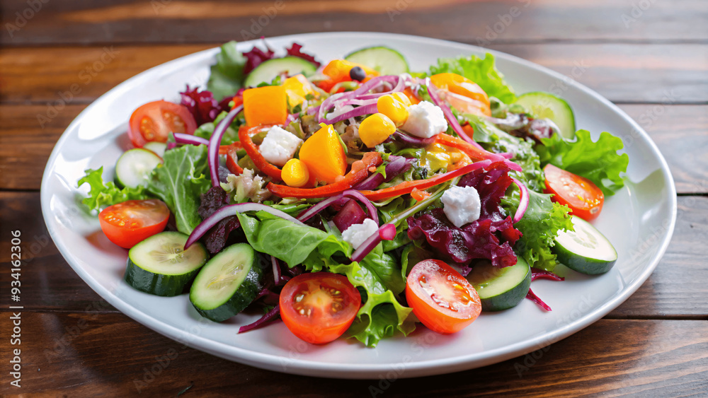A close-up of a fresh, colorful salad with various vegetables on a white plate A close-up of a fresh, colorful salad with various vegetables on a white plate