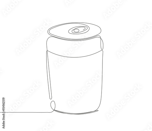 This vector illustration depicts a continuous line drawing of a soda aluminum can. The artwork features a sleek and minimalistic