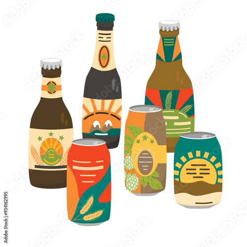 Cartoon set of beer cans and bottles isolated on white background.Colorful drink containers with different labels.Vector designs for use in banner,poster,card.Beer festival and brewing illustration.