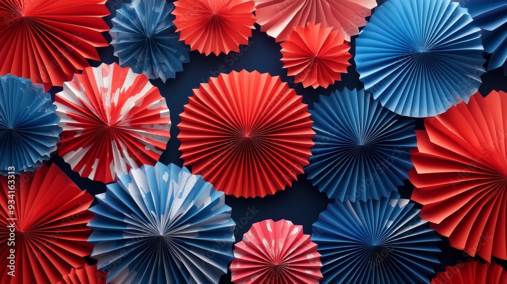 Red, White, and Blue Paper Fans on a Dark Blue Background, Paper, Fan, Blue, Red Red, White, and Blue Paper Fans on a Dark Blue Background, Paper, Fan, Blue, Red