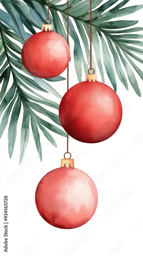 Festive red ornaments hanging from green branches, perfect for holiday decorations and seasonal celebrations.