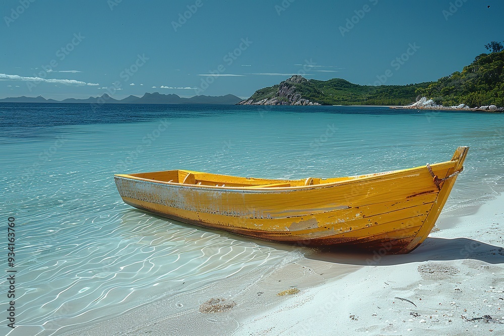 Naklejka premium A yellow boat is sitting in the water near the shore