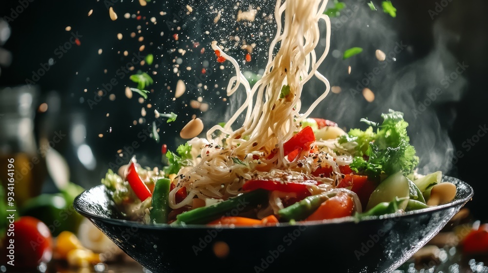 custom made wallpaper toronto digitalSteaming Noodles Falling into a Bowl of Fresh Vegetables, food , asian , noodles , culinary