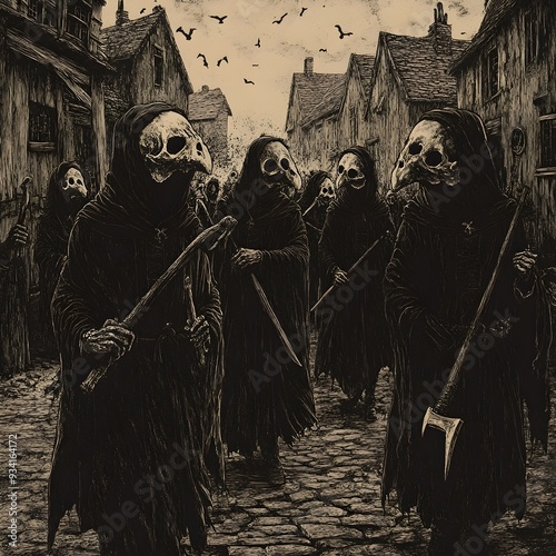 Ominous Procession of Plague Doctors in Abandoned Village at Dusk with Macabre Woodcut Aesthetic photo