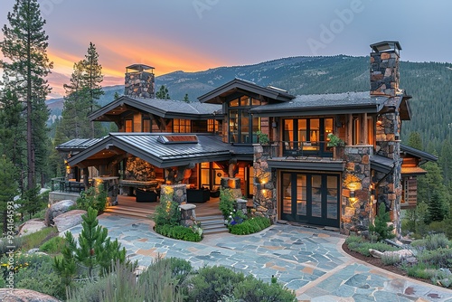 A large house with a stone exterior and a large stone chimney