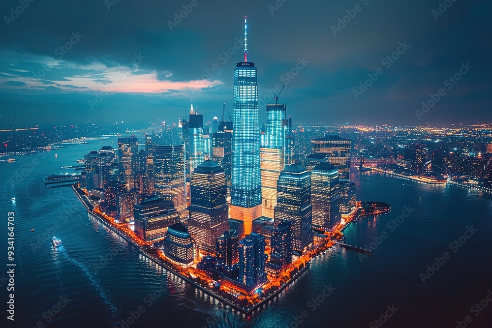 Obraz premium A city skyline with a tall building in the middle