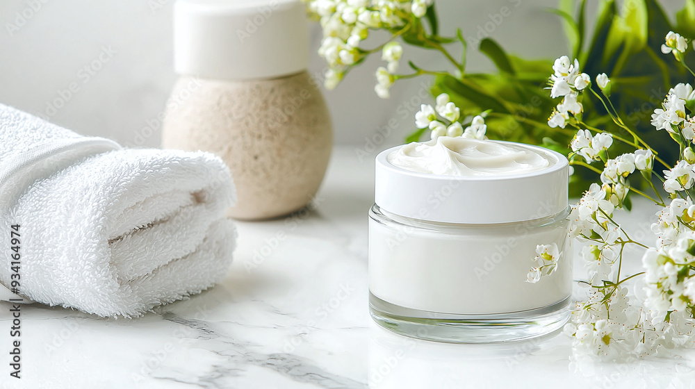 a homemade natural facial mask in a glass jar, placed on a marble countertop with fresh flowers and soft towels