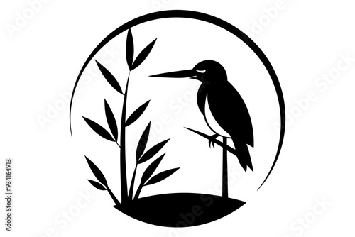 Bird Silhouette and Bamboo on Sunset Vector Illustration 