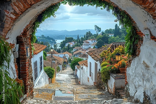 A stone archway leads to a town with white houses and a river photo