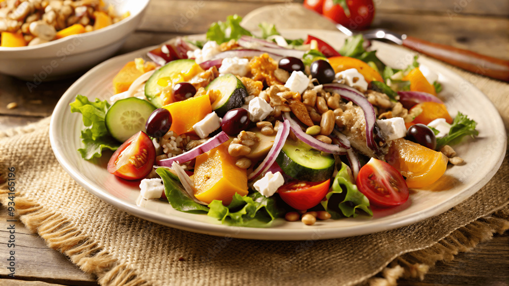 A close-up of a fresh, colorful salad with various vegetables on a white plate