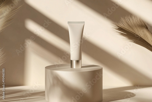  Studio photograph of a cosmetic lotion tube on a podium. light beige background, soft shadows, elegant and minimalist aesthetic. Frontal view, well-focused