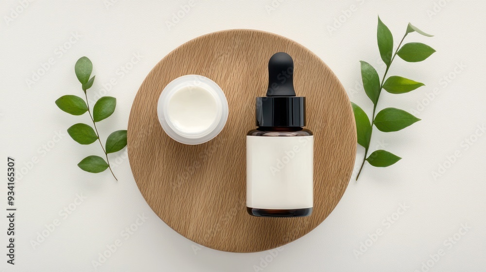 Elegant skincare products displayed on a wooden surface with natural leaves, representing beauty and wellness. Elegant skincare products displayed on a wooden surface with natural leaves, representing beauty and wellness.