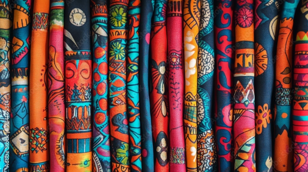 Vibrant Fabric Rolls with Intricate Patterns - Closeup, Textile, Patterns, Design, Crafts Vibrant Fabric Rolls with Intricate Patterns - Closeup, Textile, Patterns, Design, Crafts