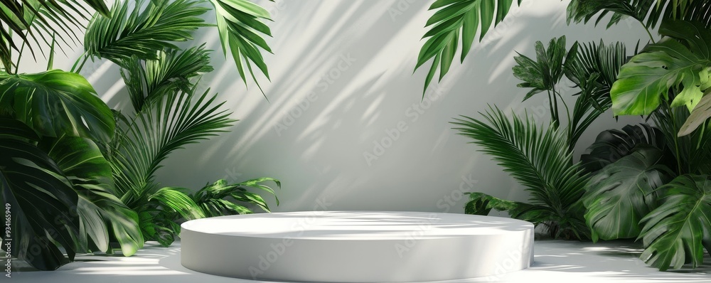White Platform in Lush Greenery, Product Display, Tropical Background, Minimalism , greenery , display , background White Platform in Lush Greenery, Product Display, Tropical Background, Minimalism , greenery , display , background