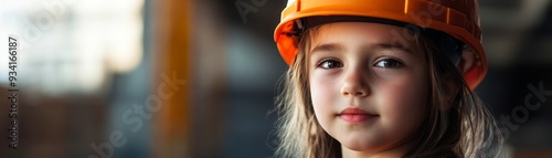 Young Girl in Hard Hat, Close-up Portrait, Orange, Construction Worker, Child, Safety , girl