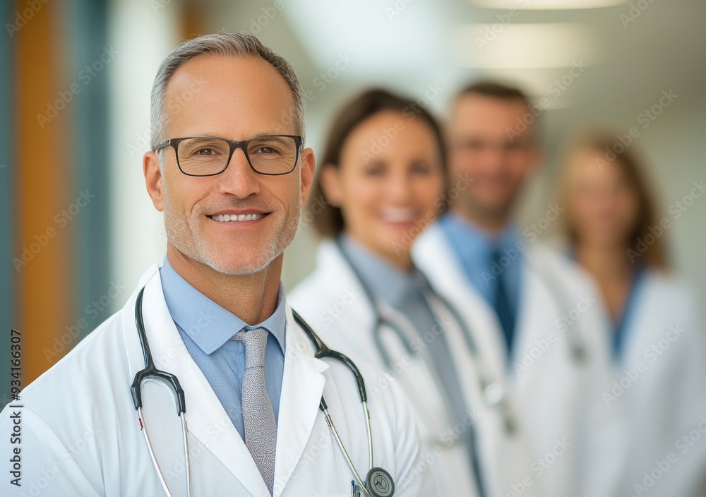 Smiling doctor in white coat leading a group of healthcare professionals in a modern clinic Smiling doctor in white coat leading a group of healthcare professionals in a modern clinic