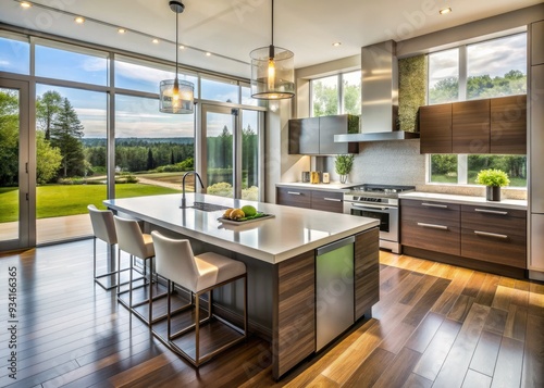 Modern luxury kitchen with large island, high-gloss cabinets, stainless steel appliances, and expansive windows overlooking a serene outdoor landscape. photo