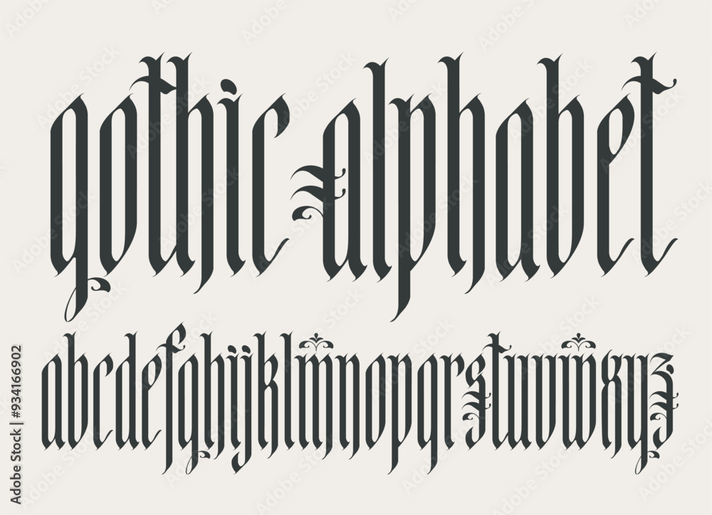 Gothic font. Full set of letters of the English alphabet in vintage style. Medieval Latin letters. Vector calligraphy and lettering. Suitable for tattoo, label, headline, poster, etc.