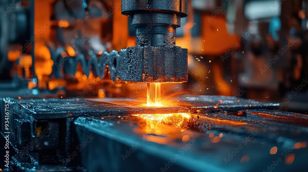 Industrial machine press forging a heated metal piece in a factory. Industrial machine press forging a heated metal piece in a factory.