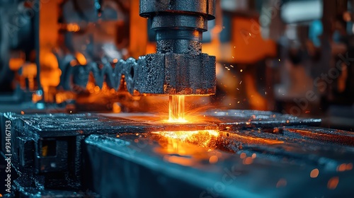 Industrial machine press forging a heated metal piece in a factory.