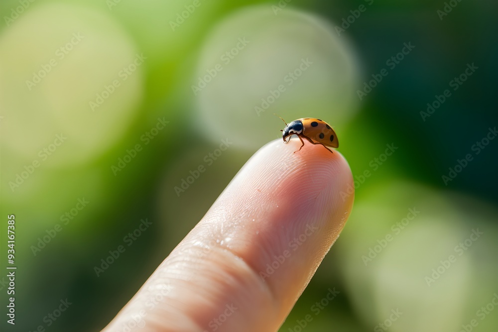 Closeup of a fingertip with a tiny insect against a blurred background Closeup of a fingertip with a tiny insect against a blurred background